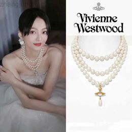 Western Empress Dowagers Triple Layer Pearl Water Drop Necklace Female Classic 3d Saturn Collar Chain Cool and Cute