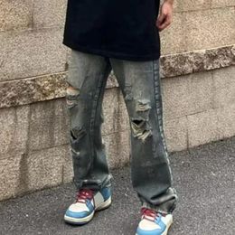 Men's Jeans Ripped Hole Washed Men Wide Leg Straight Loose Hip Hop Casual Trousers Multi Pockets Full Length Long Pants