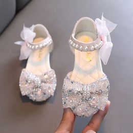 Girls Wedding Shoes Bling Princess Sandals Rhinestone Ankle Strap Performance Shoes Kids Flats Gauze Glitter Dance Shoe 280R 240129