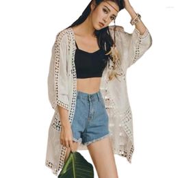 Women's Blouses Women Summer 3/4 Sleeve Long Kimono Cardigan Boho Hollow Out Plaid Splicing Swimsuit Cover Up Embroidery Beach Blouse N7YE