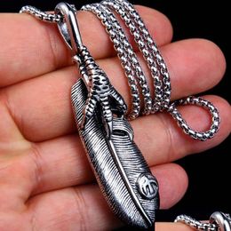 Pendant Necklaces Punk Eagle Claw Feather Stainless Steel Ancient Sier Necklace Women Men Nightclub Hip Hop Fashion Fine Jewelry Dro Dh8Bz