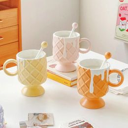 Mugs Creative Cream Ice Coffee Cup With Stirring Spoon Ceramic Ins High Beauty Milk Female Household Mug Tableware Gift