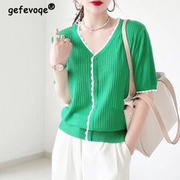 Women Clothes Summer Contrast Colour Elegant Chic Ice Silk Knitted T Shirt Korean Fashion V Neck Short Sleeve Loose Pullover Tops 240124