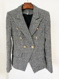 HIGH STREET est F/W Designer Woollen Coat Womens Slim Fitting Lion Buttons Herringbone Stripted Tweed Jacket Blazer 240129