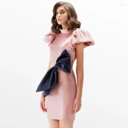 Party Dresses High Neck Satin Dress Mini Pink Straight Women Clothing With Bow Casual Short Sleeve Elegant