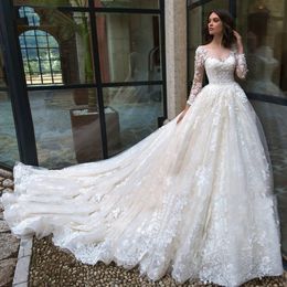 Arabic new Dresses Crystals Long Sleeve Beaded Ball Gown vestido de novia Lace Bridal Gowns Tulle Sweep Train Bohemian Wedding Dress