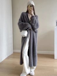 Knitted Winter Elegant Vintage Cardigans Women Fashion White Sweaters Long Coats Warm Loose Soft Jackets Solid Color Clothing 240123