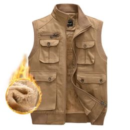 Mens Fleece Vest Military Tactical Multi Pockets Travel Sleeveless Top Jacket Male Work Wear Winter Warm Waistcoat Black 240202