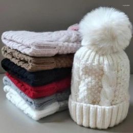 Berets For Women Fashion Winter Twist Knitting Hat Fur Pompom Thick Plush Cap Beanie Solid Colour Ladies Warm Ski Snow Skullies Beanies