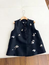 Women's Vests Top End Women Luxury Chinese Style Black Embroidered Jacket Vest Elegant Lady Stand Collar Pearl Buckle Sleeveless Coat