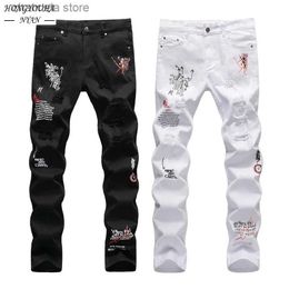 Men's Jeans Embroidery Letters White jeans for Mens Spring Autumn Black Ripped Cowboy Pants Character Zipper Denim Hip Hop Trousers Male T240205