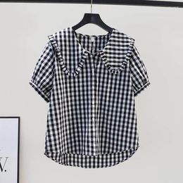 Women's Blouses Plaid Shirts For Women Vintage Short Sleeve Doll Collar Casual Single Breasted Shirring Korean Style One Piece Blouse Tops