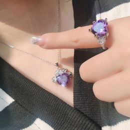 Necklace Earrings Set Lihua Heavy Industry Full Zircon Jewellery Design Ring Plated 18K Bright Love Heart Colour Amethyst