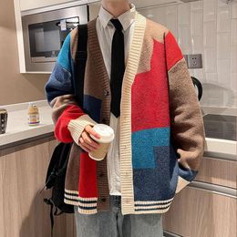 Autumn and Winter Korean Style Fashion Knit Cardigans Sweater Patchwork Colour Couple Men Casual Trendy Coats Jacket Men Clothes 240125