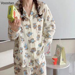 Women's Sleepwear Cute Pyjamas Women Japanese Sweet Cartoon Bear Print Room Wear 2 Piece Set Spring Autumn Casual Homewear Pijama Mujer