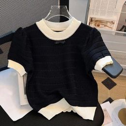 Women's Blouses Simple Cropped Top French Style Quick Drying Summer Patchwork Color Hollow Comfy Knitting T-shirt Daily Clothing