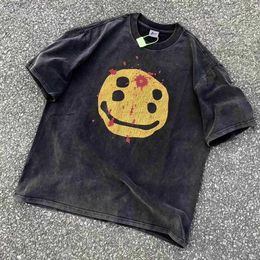 Men's T-Shirts SAINT MICHAEL CHO Broken Smiling Face Short Sleeve Vintage Worn Out Washed American Casual T-shirt for Men and Women