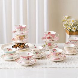 English Coffee Cup and Saucer Set Ceramic Flower Underglaze Latte Cups Afternoon Tea Dessert Cake Dish Elegant Teacup 240130