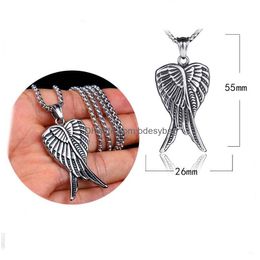 Pendant Necklaces Retro Ancient Sier Angel Wing Necklace Stainless Steel Chain For Women Men Street Hip Hop Fine Fashion Jewellery Dro Dho2W