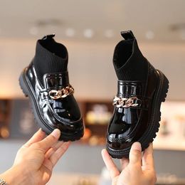 Girls Leather Boots Metal Chains Princess Boots Kids Ankle Boots Children Socks Boots Stretch Fabric Fashion Sweet Slip-on Soft 240129