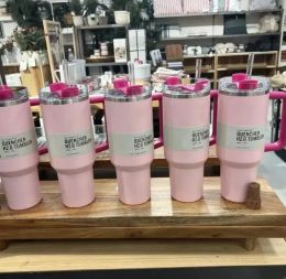 Ready To Ship Pink Flamingo Quencher Tumblers H2.0 40oz Stainless Steel Cups Silicone handle Lid Straw 2nd Generation Car mugs Water Bottles 0206