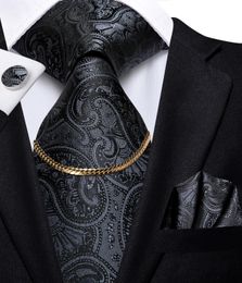 Hi-Tie Black Classic Paisley Design Luxury Silk Men's Tie Gift For Men Necktie Fashion Tie Chain Hanky Cufflinks Set Wedding 240124