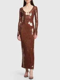 Casual Dresses Women's Evening Shiny Dress Elegant Brown Sequines Long Sleeve Maxi Slim Celebrity Party Gowns Activity Clothing