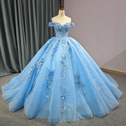 Luxury Sky Blue Off The Shoulder Quinceanera Dresses Beads Appliques Handmade Flowers Beads Princess Ball Gowns Sweet 15 Party Wear