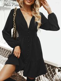 Casual Dresses MISS PETAL Plunge Button-Loop Mini Dress For Women Solid Black Sexy Long Sleeve Party 2024 Autumn Winter Female