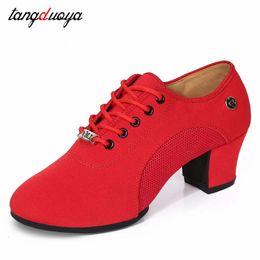 Womans Latin Ballroom Dance Shoes Soft Sole Cloth Women Tango Practice Dance Shoes Middle Heel Ladies Non-Slip Dance Sneakers 240124