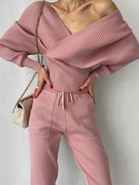 Women's Two Piece Pants Deep V Neck Two-Piece Set 2 Outfits Sweater Long Sleeve Hoodies With Pocket Wide Leg Lounge