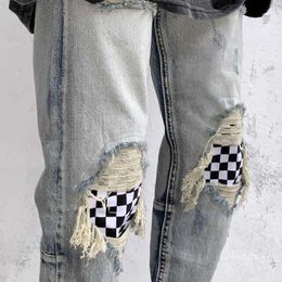 Men's Jeans High Street Feng Shui Washed Hole Pasted Cloth Plaid Pants Slim Fit Small Foot Brand Thin Elastic Beggar