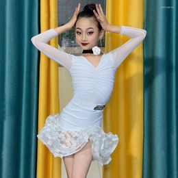 Stage Wear White Latin Dance Dress For Girls Long Sleeved Performance Clothes Skirts Kids Competition Dresses DWY9646
