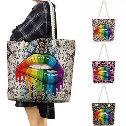 Evening Bags Thick Rope Shopper Bag For Women Female Polyester Travel Elegant Handbags Leopard Rainbow Lips Printed Tote Fashion Reusable