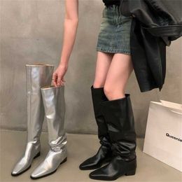 Women Ladies Ankle Boots Leather Pleated Thigh High Heel Barrel Womens Booties Shoes Heels Fall Girls Long Boot 230830