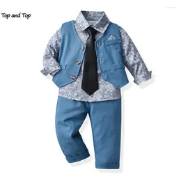 Clothing Sets Top And Fashion Kids Boys Gentleman Set Long Sleeve Floral Bowtie Shirts Vest Trousers Toddler Boy Formal Suit