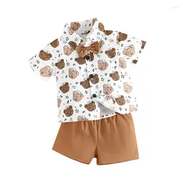 Clothing Sets 0-36months Toddler Boy Gentleman Outfit Bear Print Shirt With Bow Tie And Shorts Set For Baby Girls Summer Formal Clothes