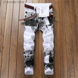 Men's Jeans Light Luxury Mens Slim-fit Milk White JeansHigh Quality Print Jeans Stylish Street Fashion JeansClassic Casual Jeans; T240205