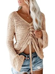 Womens V-neck Sexy Sweet Hollow Out Knitwear Spring/Summer Solid Colour Horn Long Sleeve Drawstring Pullover Sweater S-XL 240202