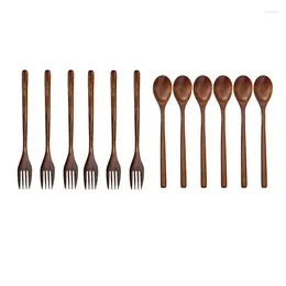 Forks 12Pcs Tableware: 5 Pcs Wooden Eco-Friendly Japanese Wood Salad Dinner Fork & 6 Spoons Soup