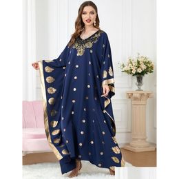 Ethnic Clothing Middle Eastern Muslim Women Blue Bronzing Printed Bat Sleeve Loose Casual Dress Robe Party Abaya Vestidos Musmanes Mor Otayg