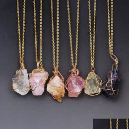 Pendant Necklaces Pretty Gold Chain Wire Wrapped Punk Irregar Natural Stone Necklace Jewelry Rose Quartz Healing Crystals Drop Deliv Dhufw