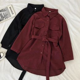 Casual Dresses With Belt Spring Autumn Korean Single Breasted Shirt Women Midi Long Corduroy Dress Ladies Loose Sleeve Vestidos