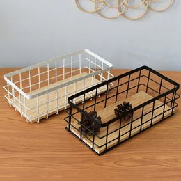 Metal Wire Storage Basket Wood Base Wrought Iron Organizer Hanging Home Cosmetics Finishing Wall 25x10x7cm Black 240131