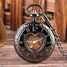 Pocket Watches Heart Shaped Hollow Half Men Hand Winding Mechanical Watch Retro Chain Gentleman Black Manual Timepiece