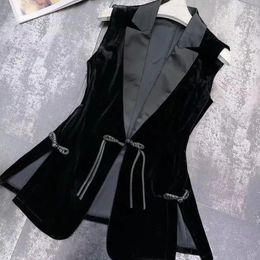 Women's Vests Lace Up Suit Collar Black Vest For Women Vintage Y2k Chaleco Mujer Waistcoat Velvel Jacket Roupas Femininas Tops