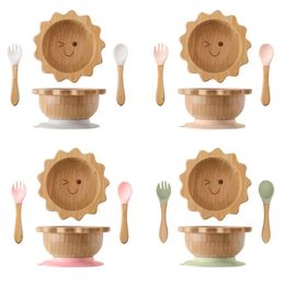 Baby Wooden Tableware Set Sun Bamboo Plate Bowl Silicone Suction Handle Fork Spoon for born Feeding Supplies 240131