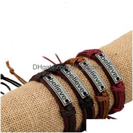 Charm Bracelets Believe Id Tag String Adjustable Leather Bracelet Wristband Bangle Cuff For Women Men Fashion Jewellery Will And Sandy Dhceq