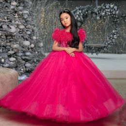 Fuchsia Girls Birthday Dresses Feathered Luxury Flower Girl Dresses Off Shoulder Tiered Tulle Ball Gowns for little Girls for Wedding Lace Beaded Bridal Gowns NF110