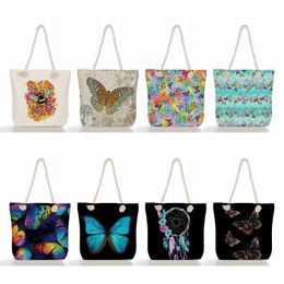 Evening Bags Fashion Cartoon Portable Beautiful Bright Colours Butterfly Print Women's Beach Bag Tote Thick Rope Handbags Large Size Foldable